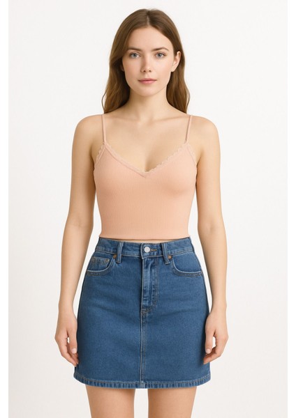 Berrak 2'li Kadın Pudra Ip Askılı ve Yaka Dantel Detaylı Kısa Atlet modelleri