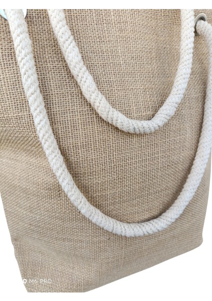Kadın Plaj Çantası Fermuarlı İpli İçi Astarlı Yumuşak Saplı Jüt Hasır Kumaş