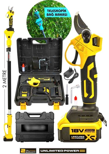 Çift Batarya 2 Metre Teleskopik Kollu Şarjlı Ağaç Dal Kesme Çift Akülü Budama Makası Sarı