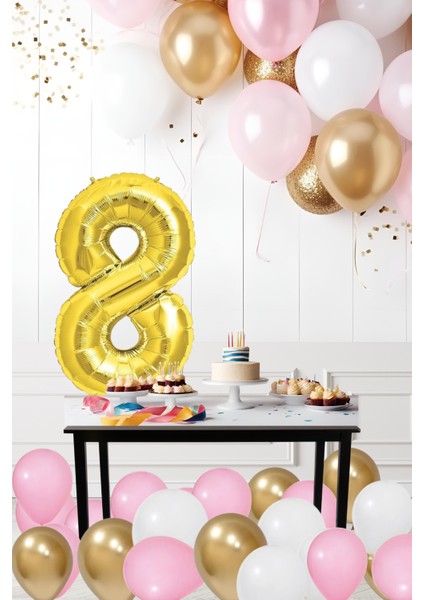8 Yaş Retro Krom Gold Pembe Beyaz Balon Seti Gold Rakamlı Doğum Günü Balonu Şık Parti Süsleme