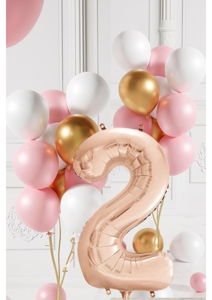 2 Yaş Retro Gold Pembe Beyaz Balon Seti Rose Gold Rakamlı Doğum Günü Balonu Şık Parti Süsleme