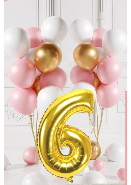 6 Yaş Retro Gold Pembe Beyaz Balon Seti Gold Rakamlı Doğum Günü Balonu Şık Parti Süsleme