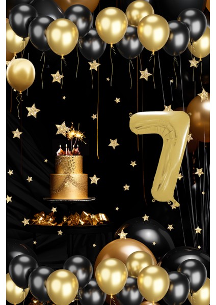 7 Yaş Gold Siyah Balon Seti Gold Rakamlı Doğum Günü Balonu Şık Parti Süsleme