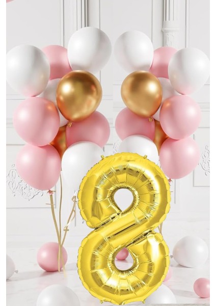 8 Yaş Retro Gold Pembe Beyaz Balon Seti Gold Rakamlı Doğum Günü Balonu Şık Parti Süsleme