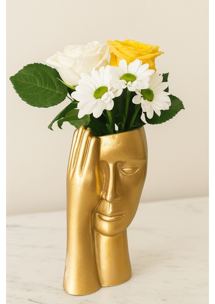 Modern Gold Kadın Yüzlü - Dekoratif Polyester Saksı Vazo - Ev ve Ofis Sanat OBJE-25X12X12 Cm- Gold Renk