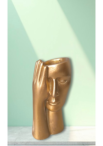 Modern Gold Kadın Yüzlü - Dekoratif Polyester Saksı Vazo - Ev ve Ofis Sanat OBJE-25X12X12 Cm- Gold Renk