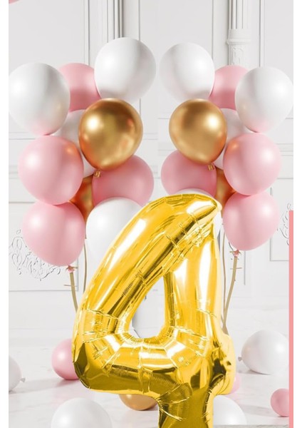 4 Yaş Retro Gold Pembe Beyaz Balon Seti Gold Rakamlı Doğum Günü Balonu Şık Parti Süsleme