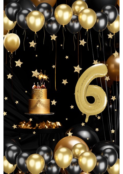 6 Yaş Gold Siyah Balon Seti Gold Rakamlı Doğum Günü Balonu Şık Parti Süsleme