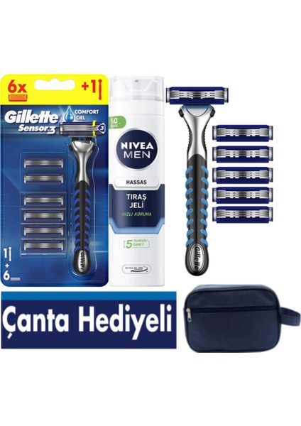 Sensor3 Tıraş Seti – 6 Yedek Bıçak + 200 ml Tıraş Jeli + Hediye Çanta
