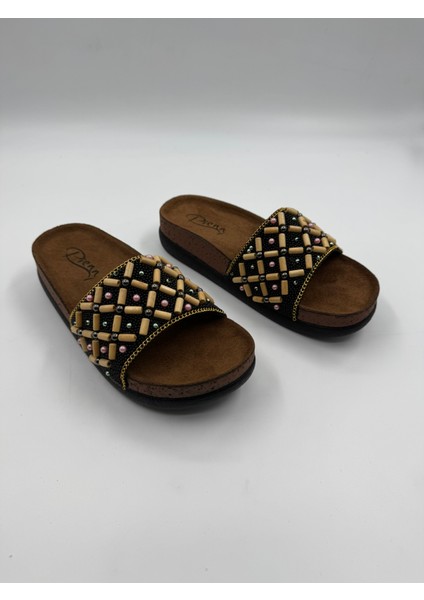 20065-008 Boncuklu Taşlı Çift Tabanlı Ortopedik Kadın Ev Terli