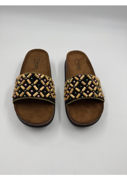 20065-008 Boncuklu Taşlı Çift Tabanlı Ortopedik Kadın Ev Terli fırsatları