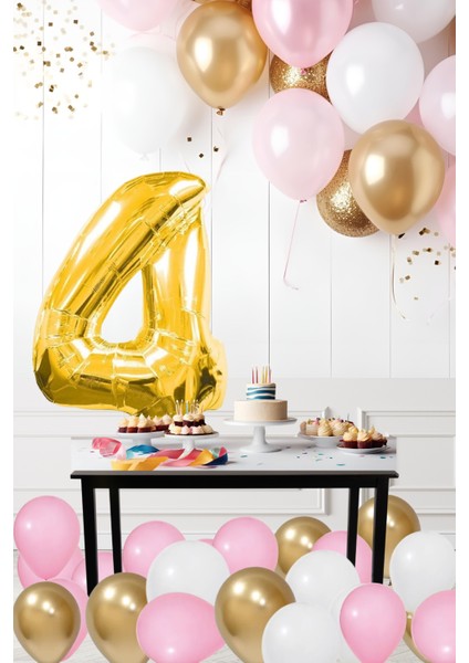 4 Yaş Retro Krom Gold Pembe Beyaz Balon Seti Gold Rakamlı Doğum Günü Balonu Şık Parti Süsleme