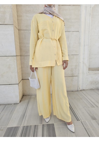 Kadın Yazlık Keten Kumaş Gömlekli Pantolon Takım