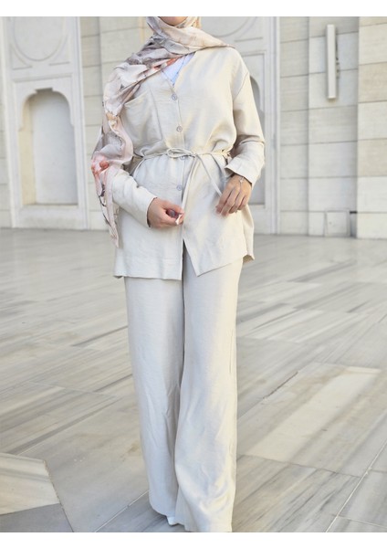 Kadın Yazlık Keten Kumaş Gömlekli Pantolon Takım