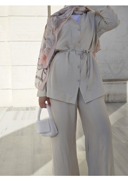 Kadın Yazlık Keten Kumaş Gömlekli Pantolon Takım