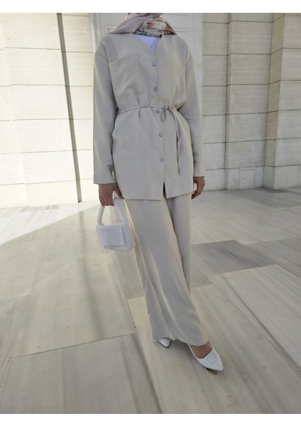 Kadın Yazlık Keten Kumaş Gömlekli Pantolon Takım
