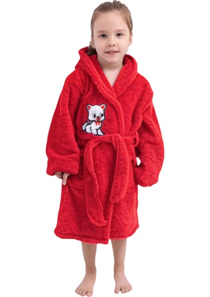 Kırmızı Kedi Nakışlı Kız Genç Çocuk Sabahlık