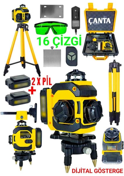 16 Köşe Tripodlu Lazer Terazi Dijital Göstergeli Otomatik Çizgi Hizalama Yeşil Metre