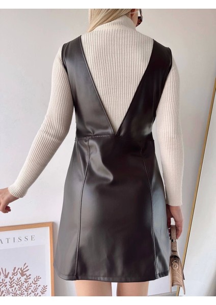Kahverengi Deri V Yaka Mini Jile Elbise fiyatları