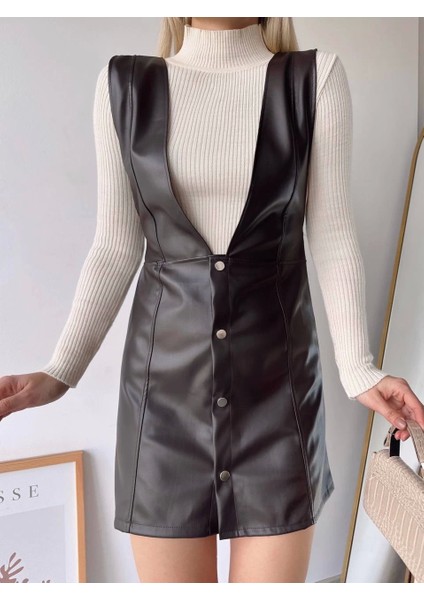 Kahverengi Deri V Yaka Mini Jile Elbise modelleri