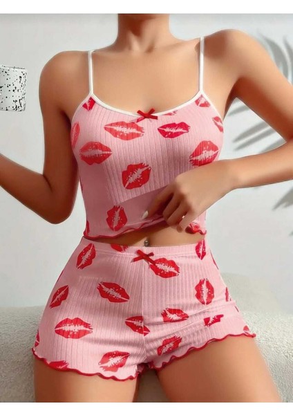 Lily Bicnca Kadın Pembe Ip Askılı Kırmızı Dudak Desenli Mini Şhortlu Takım
