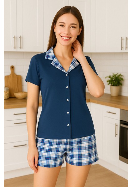 Charme Kadın Mavi Ekose Detaylı Kısa Kollu Önü Düğmeli Shortlu Pijama Takımı