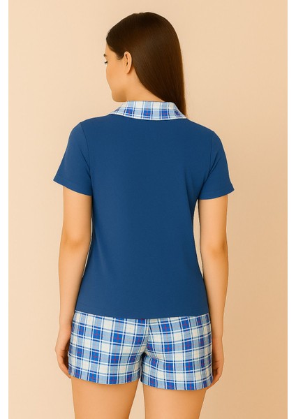 Charme Kadın Mavi Ekose Detaylı Kısa Kollu Önü Düğmeli Shortlu Pijama Takımı fırsatları