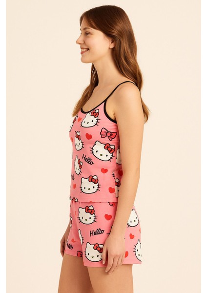 Milan Kumaş Hello Ketty Desenli Ip Askılı Shortlu Pijama Takımı modelleri