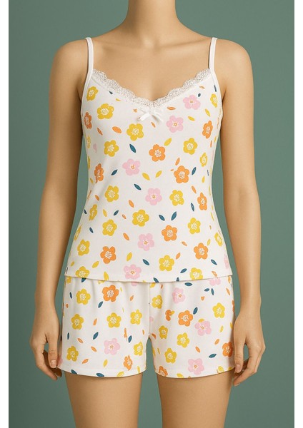 Boyraz Sarı Turuncu Çiçek Desenli Ip Askılı Kısa Shortlu Kadın Pijama Takımı