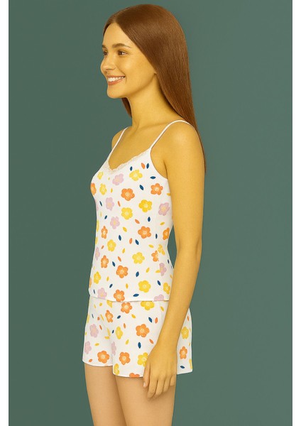 Boyraz Sarı Turuncu Çiçek Desenli Ip Askılı Kısa Shortlu Kadın Pijama Takımı fiyatları
