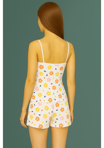 Boyraz Sarı Turuncu Çiçek Desenli Ip Askılı Kısa Shortlu Kadın Pijama Takımı modelleri