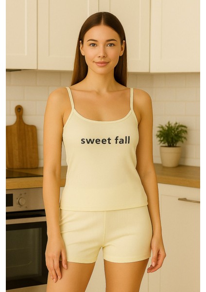 Charme Kadın Sarı Seweet Fall Yazı Detaylı Ip Askılı Shortlu Pijama Takımı fiyatları