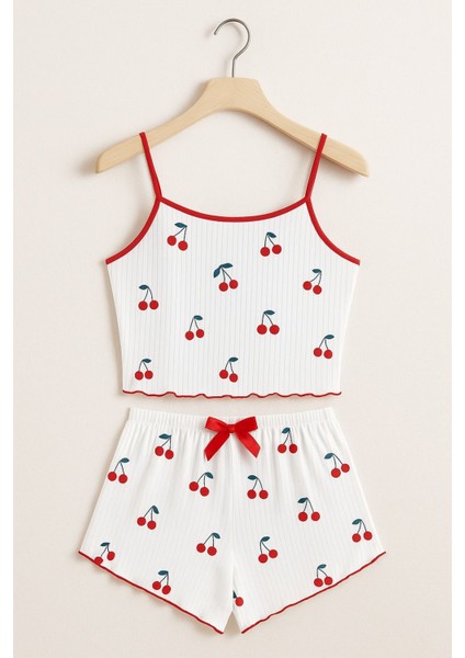 Lily Bicnca Kadın Beyaz Ip Askılı Kırmızı Kiraz Desenli Mini Shortlu Takım fiyatları