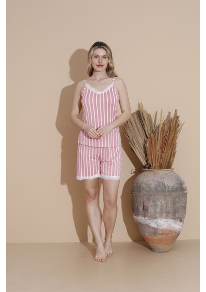 Boyraz Beyaz Pembe Çizgili Desen Dantel Detaylı Ip Askılı Kısa Shortlu Kadın Pijama Takımı