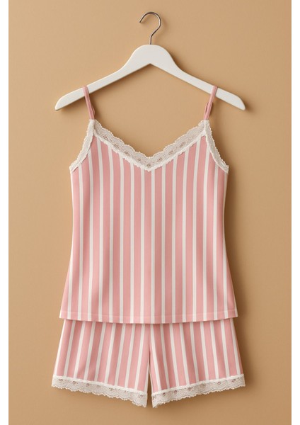 Boyraz Beyaz Pembe Çizgili Desen Dantel Detaylı Ip Askılı Kısa Shortlu Kadın Pijama Takımı modelleri