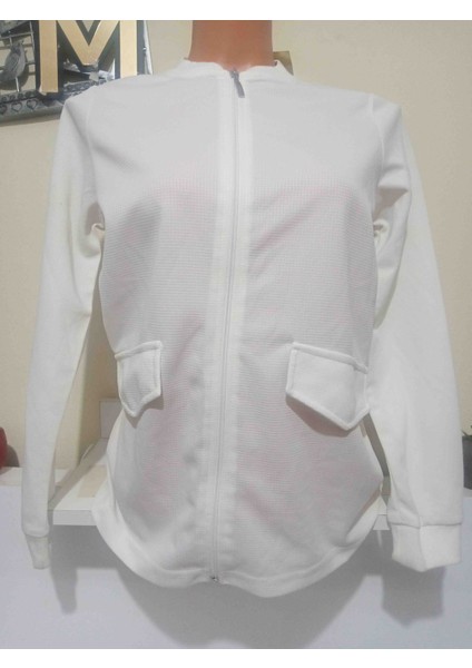 Beyaz Fermuarlı Kadın Ceket
