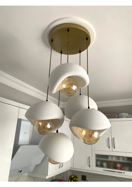 Modern 5'li Avize Beton Dokulu - Salon ve Oturma Odası Için Şık Tasarım (Rustik Ampul Hediyeli)