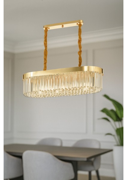 Desina 70x30'luk Kristal Taşlı Lüks Yemek Masası Üstü Avize - GOLD Kaplama