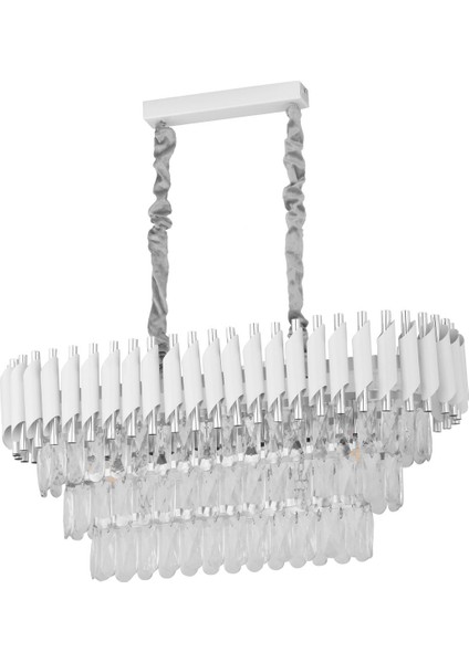 Palmira 75x35 Cm'lik 3 Katlı Prizma Kesim Kristal Taşlı Lüks Avize 6'lı - (Beyaz Krom)