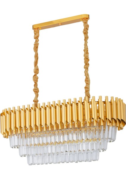 Palmira 75x35 Cm Kristal Taşlı Lüks 3 Katlı Yemek Masası Üstü Avize 6'lı - (Sarı Yaldız)