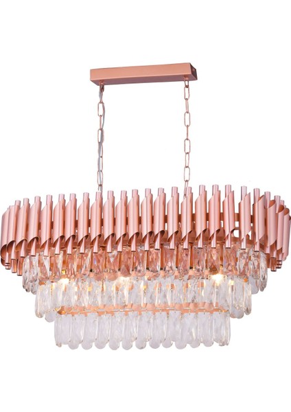 Palmira 75x35 Cm'lik 3 Katlı Prizma Kesim Kristal Taşlı Lüks Avize 6'lı - (Rose Gold)