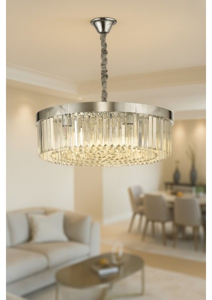Desina 60 Cm'lik Kristal Tabut Taşlı Salon Oturma Odası Lüks Avize - Krom Kaplama