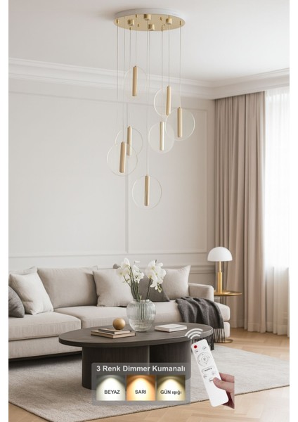 Lovena 7'Li Ledli Dim. Kumandalı Modern Lüks Sarkıt Avize (3 Renk Led; Sarı-Beyaz-Gün ışığı) - GOLD