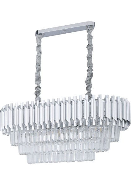Palmira 75x35 Cm Kristal Taşlı Lüks 3 Katlı Yemek Masası Üstü Avize 6'lı - (Gümüş Yaldız)