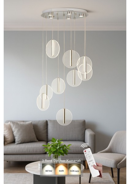 Lovena 9'Lu Ledli Dim. Kumandalı Modern Lüks Sarkıt Avize (3 Renk Led; Sarı-Beyaz-Gün ışığı) - KROM