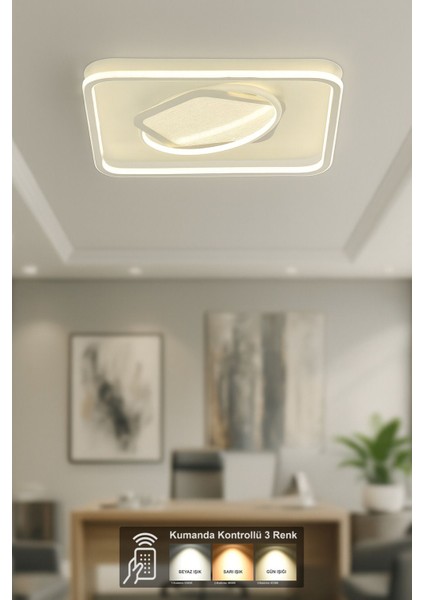 Pirlo Kare 50x50 Cm 3 Renk Ledli (SARI-BEYAZ-GÜN IŞIĞI) Kumandalı Modern Akrilik Plafonyer Armatür