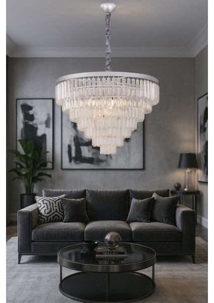 Linsa 65 Cm'lik Kristal Cam Taşlı Lüks Avize - (Gümüş Yaldız)