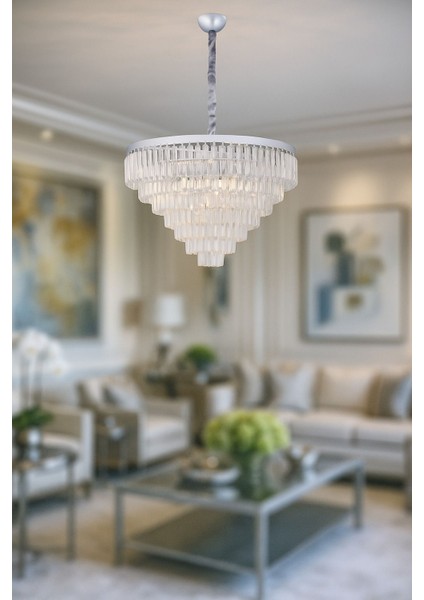 Linsa 65 Cm'lik Kristal Cam Taşlı Lüks Avize - (Gümüş Yaldız) fiyatları