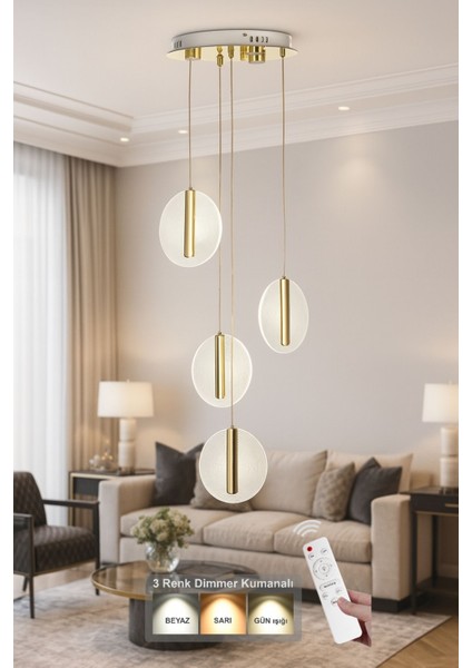 Lovena 4'Lü Ledli Dim Kumandalı Modern Lüks Sarkıt Avize (3 Renk Led; Sarı-Beyaz-Gün ışığı) - GOLD