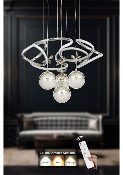 Helix 4'lü Power Ledli Dimmerli Kumandalı Modern Avize, 3 Renk: (sarı-beyaz-gün Işığı )- Krom
